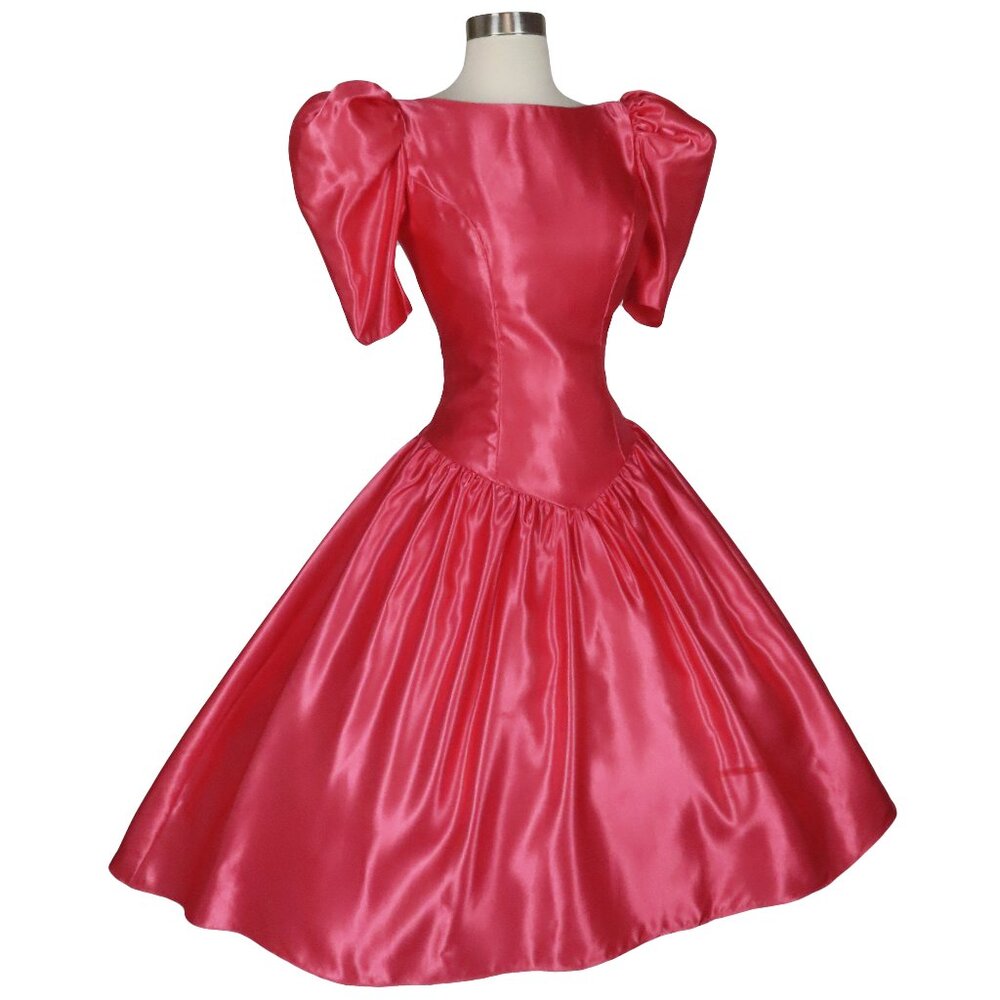Vintage 80s Pink Satin Puff Sleeve BOW Full Skirt Full Skirt Prom Party Dress S